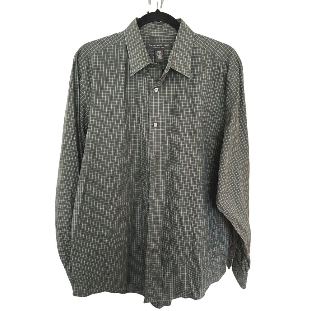 Banana Republic Stretch Classic Shirt Mens Large Olive Green Blue Grid Check L/S